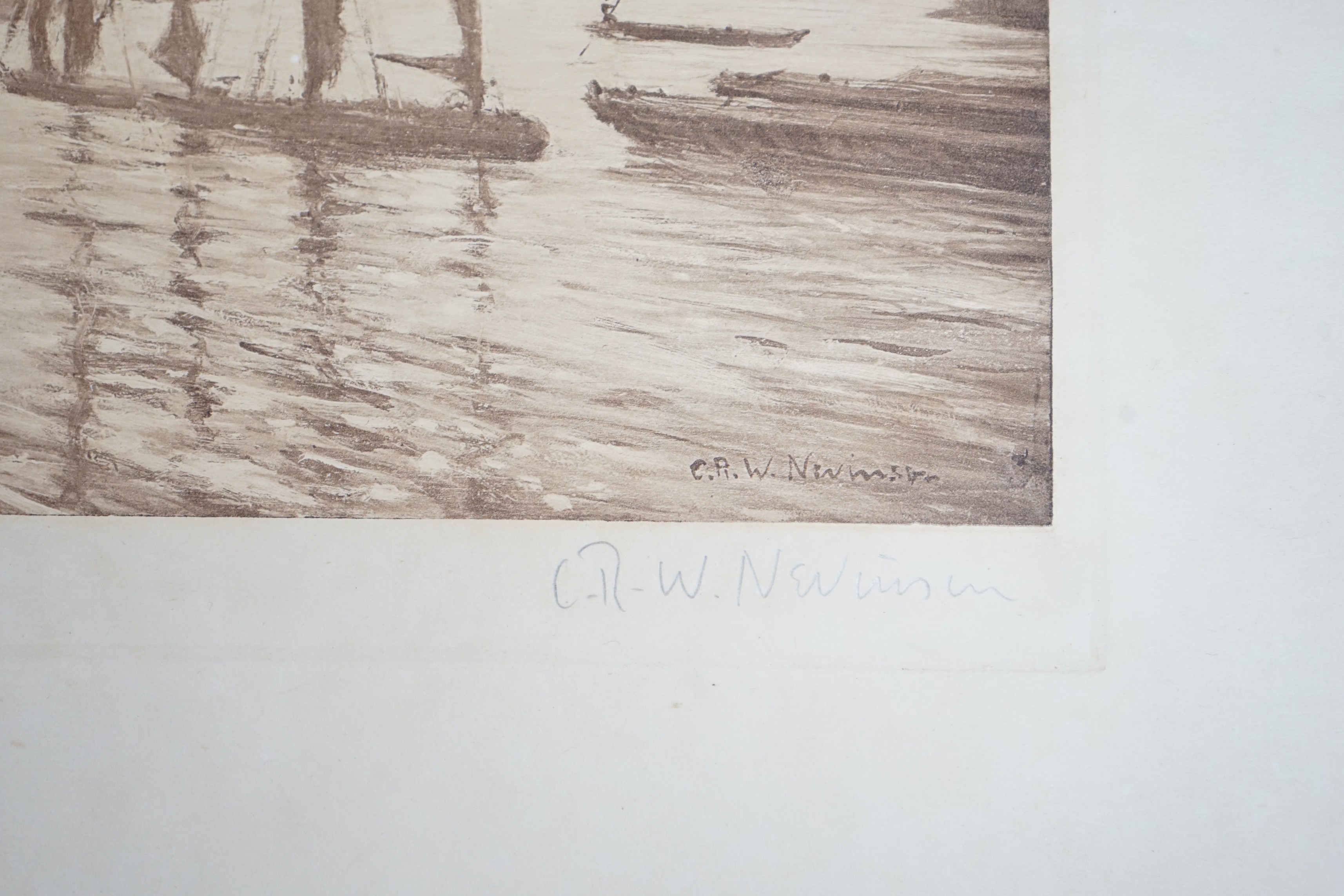 Christopher Richard Wynne Nevinson (1889-1946), lithograph, Sail barges on the Thames, signed in pencil, 16 x 20cm, sheet overall 27 x 36cm, unframed